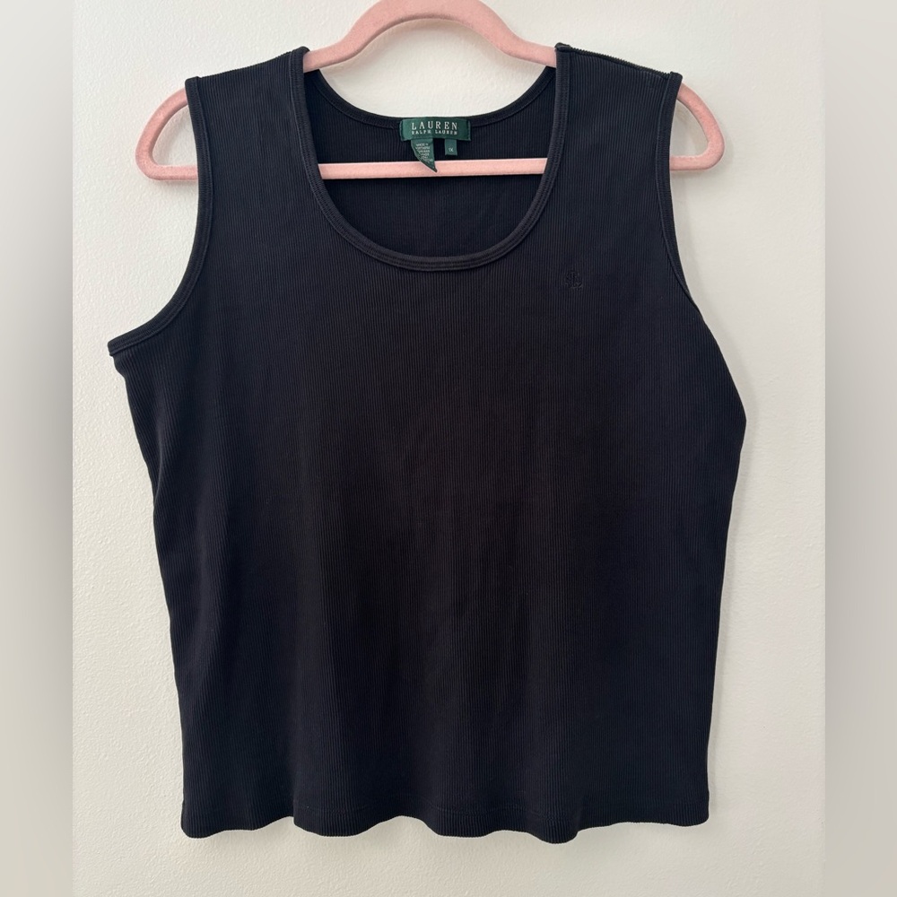 Vintage Lauren Ralph Lauren Black Ribbed Tank Top 1X-Cropped 100% Cotton Y2K